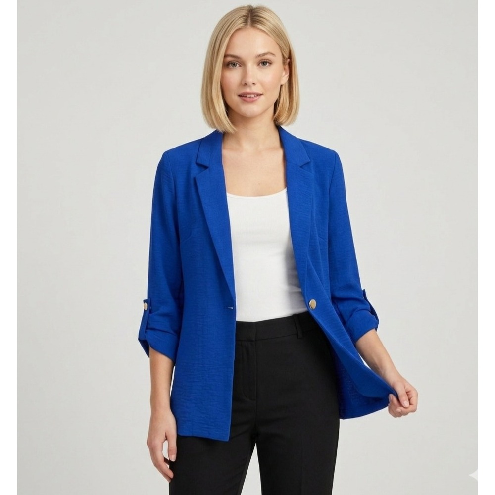 Madison + Hudson Blazer Size Small Blue Roll Tab Sleeve Open Front